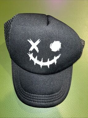 Black Trucker Hat with Smiley Face Graphic